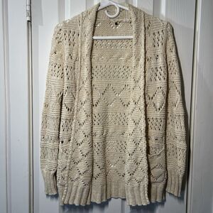 Lucky Brand Women’s Crochet Knit Cardigan Sweater Beige Cotton Blend S
